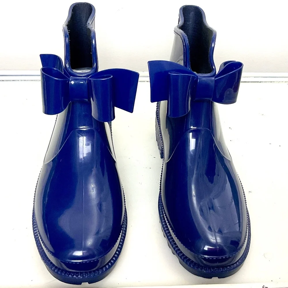NRUDPQV Blue Waterproof Bow Rubber Rain Winter Snow Ankle Boots  size 6.5 - Picture 7 of 16